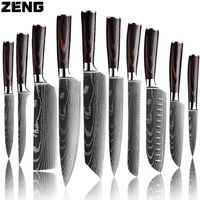 zeng 1 10pcs kitchen knives set laser damascus pattern chef knife sharp santoku cleaver slicing utility knives resin handle