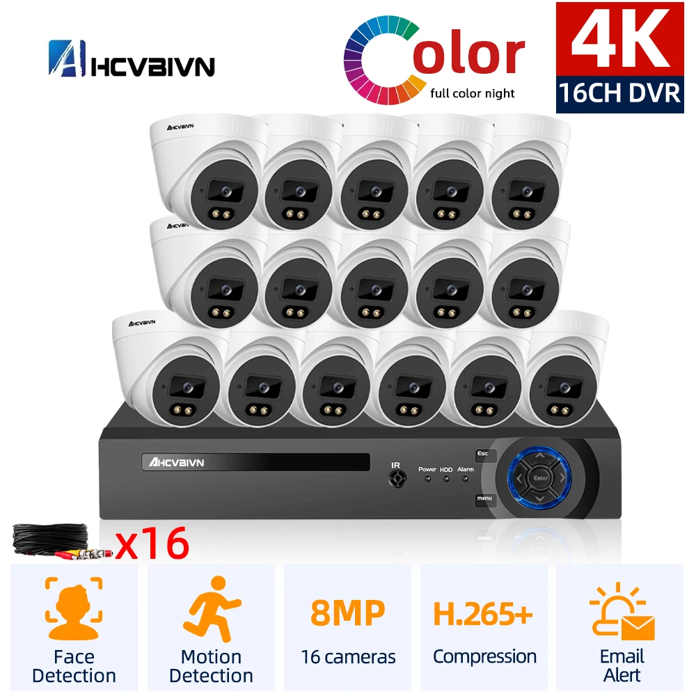 

16-канальный Семейный комплект 4K 8MP 16CH DVR Kit 5MP цветная купольная камера безопасности с ночным видением система видеонаблюдения