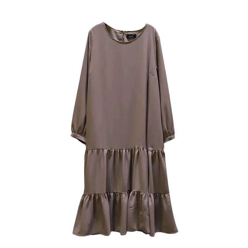 

IEQJ Women Pleated Dress Solid Simple Loose Large Size Full Sleeve Round Collar Long Length 2021 New Spring Fashion Tide XA259