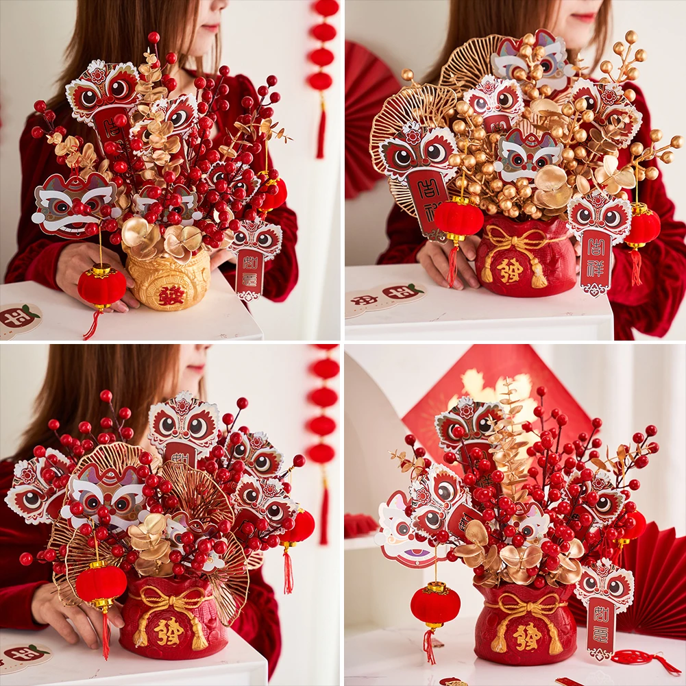

1 set Spring Festival Fake Flower Bonsai Chinese New Year Holly Fake Flower Bonsai Table Ornament for Home Decoration Gift
