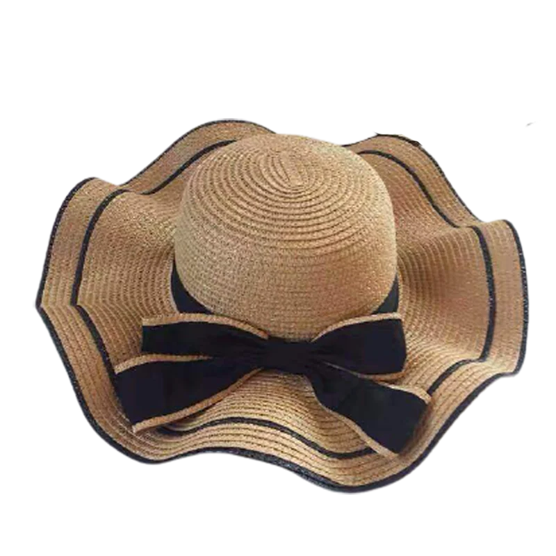 

Summer Women Hat Big Bow Fisherman Straw Hat Wave Brim Patchwork Sun Protection Hat Fashion All-Match Outdoor Lady Hat
