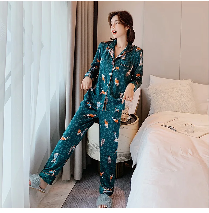 

Ice Silk Pajamas Women Lapel Fashion Can Wear Simulation Silk Pijama Femme Sexy Long-sleeved Trousers Two-piece Home Clothes