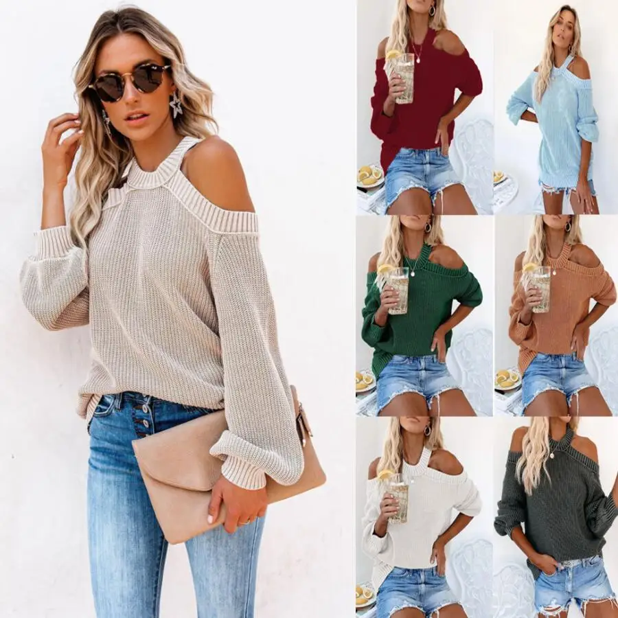 

2021 Autumn and Winter New commuter OL Style Sexy Off Shoulder Solid Color Loose Knit Sweater Women Tops Plus Size 3XL