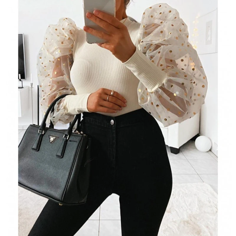 Расшитая блестками футболка с длинным рукавом в горошек для женщин прозрачный