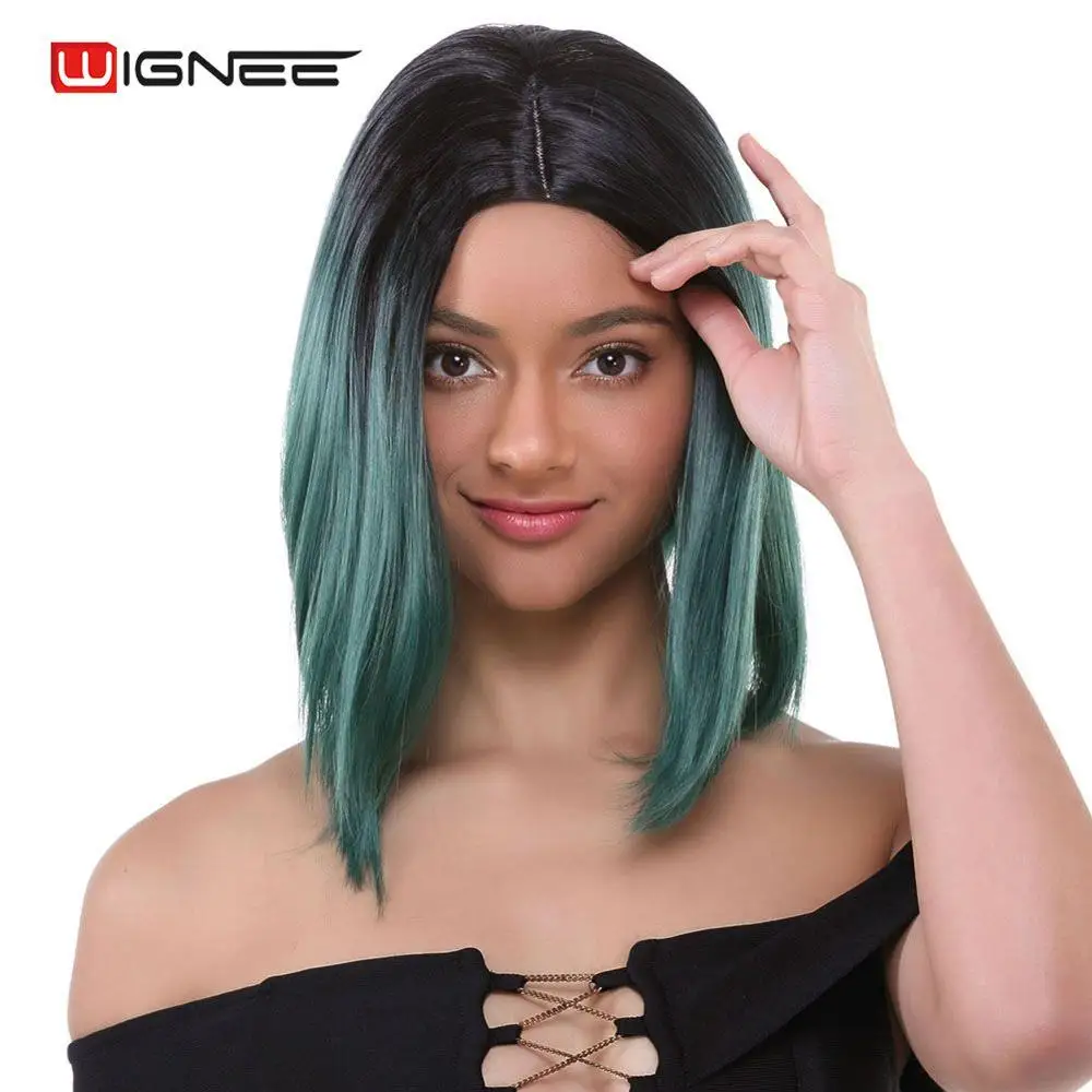 Парики Wignee из коротких прямых волос синтетические 2 тона с эффектом омбре зеленые