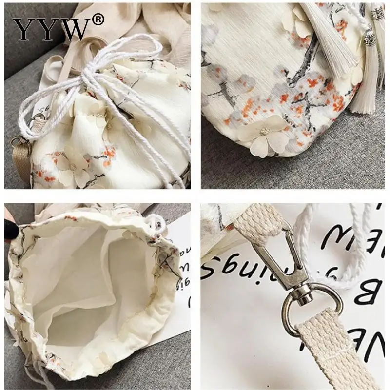 

Fashion Chinese Style Crossbody Shoulder Bag Women Drawstring Tassel Canvas Purse Ladies Flowers Pouch Ethnic Female Bag