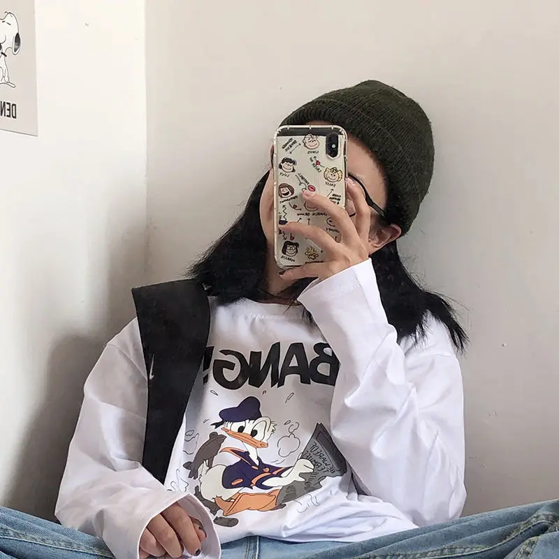 

Disney T-Shirt Female Long Sleeve Donald Duck Print Cartoon T Shirt Cute Retro Top Vintage Girls O Neck Fall Best Korean Ladies