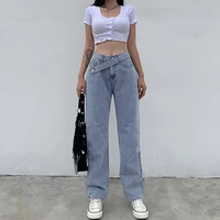 women casual loose style straight denim jeans blue solid color high waist straight leg trousers with belt