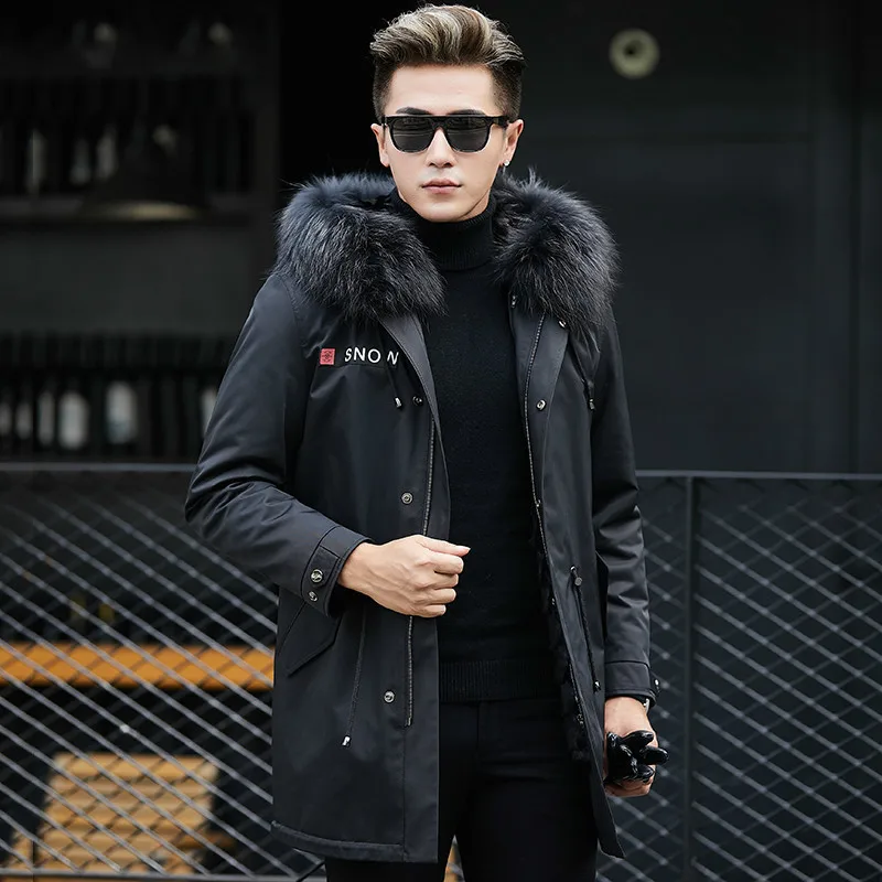 Мужская парка с воротником из натурального меха енота Повседневная теплая норки