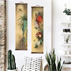 Цветок в китайском стиле, зеленые растения, декоративная картина на холсте, настенное искусство для спальни, гостиной, картины из массива дерева в свитке