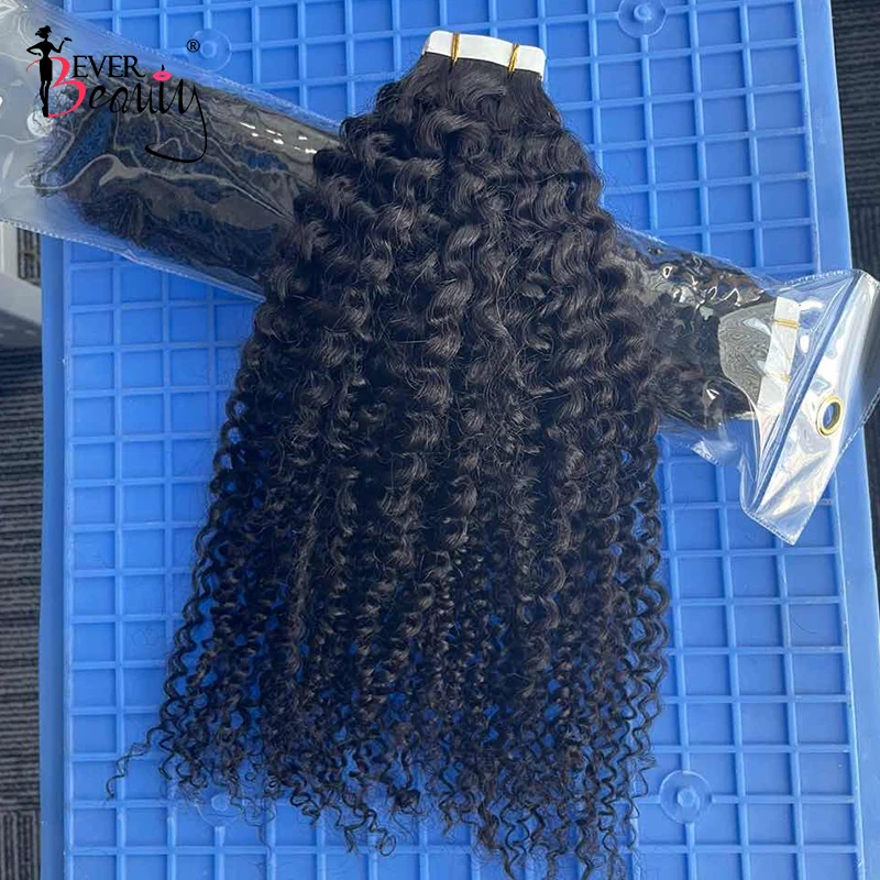 4A Kinky Curly Tape In Human Hair Extensions Skin Weft Hair Adhesive Invisible Brazilian Bulk Virgin Hair Black Ever Beauty