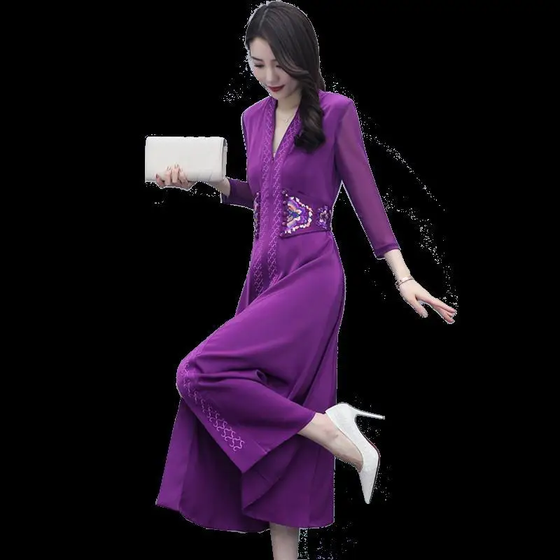 

Embroidered Vintage Dress Women French Elegant Retro Evening Purple Party Dresses Female Long Sleeve 2021 Spring Autumn Y412