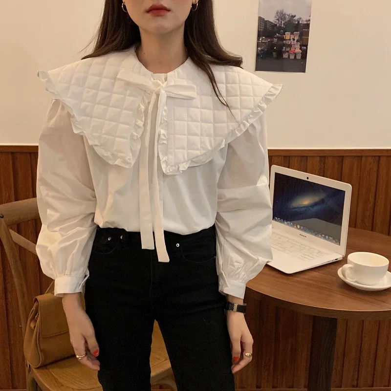

Comelsexy Women Chic 2021 New Shirts Spring Solid Sweet Retro French Gentle Long Sleeves Elegance Loose Blouse Female Tops