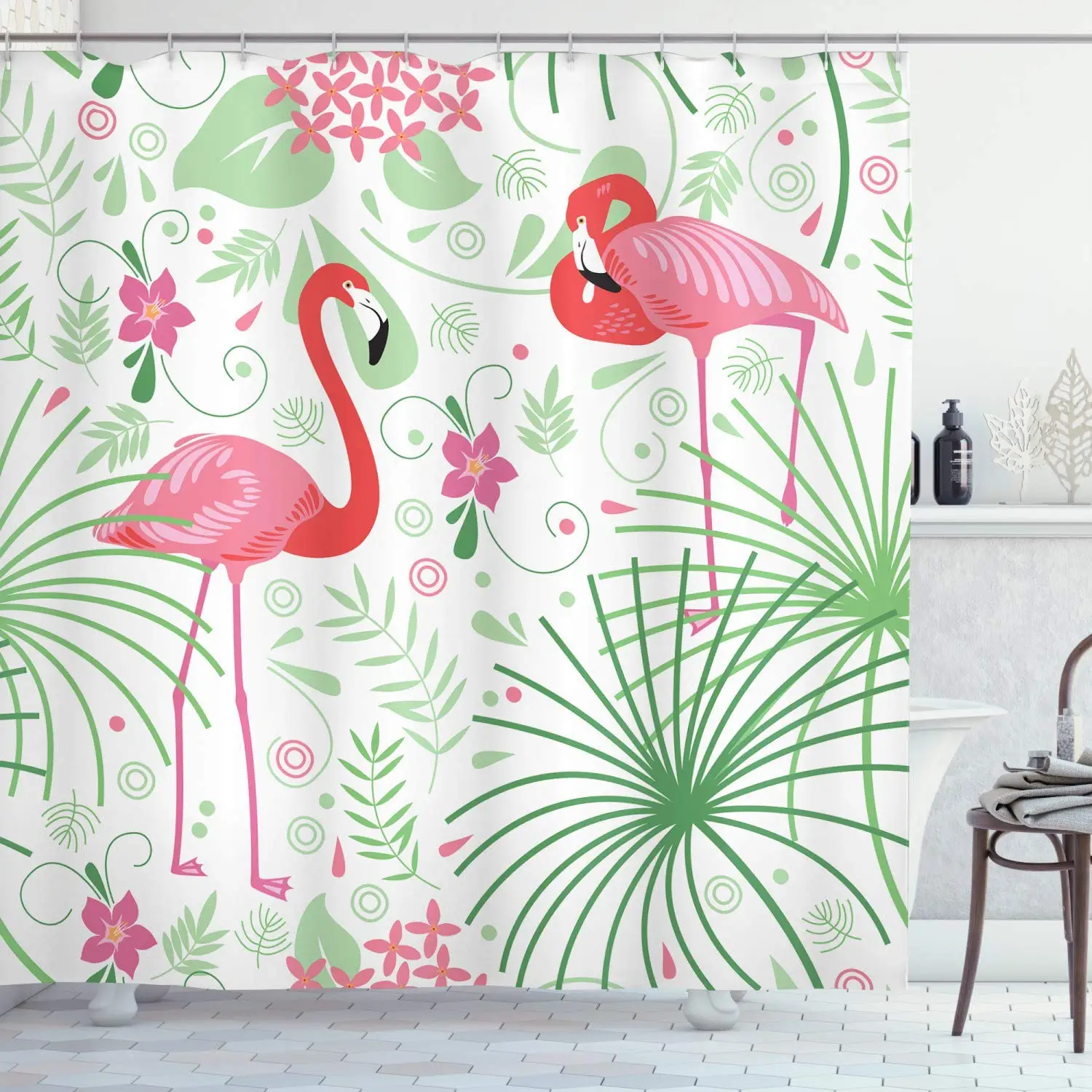 Цветочный Фламинго полиэстер ванная комната занавеска с крючками|Шторы для душа|