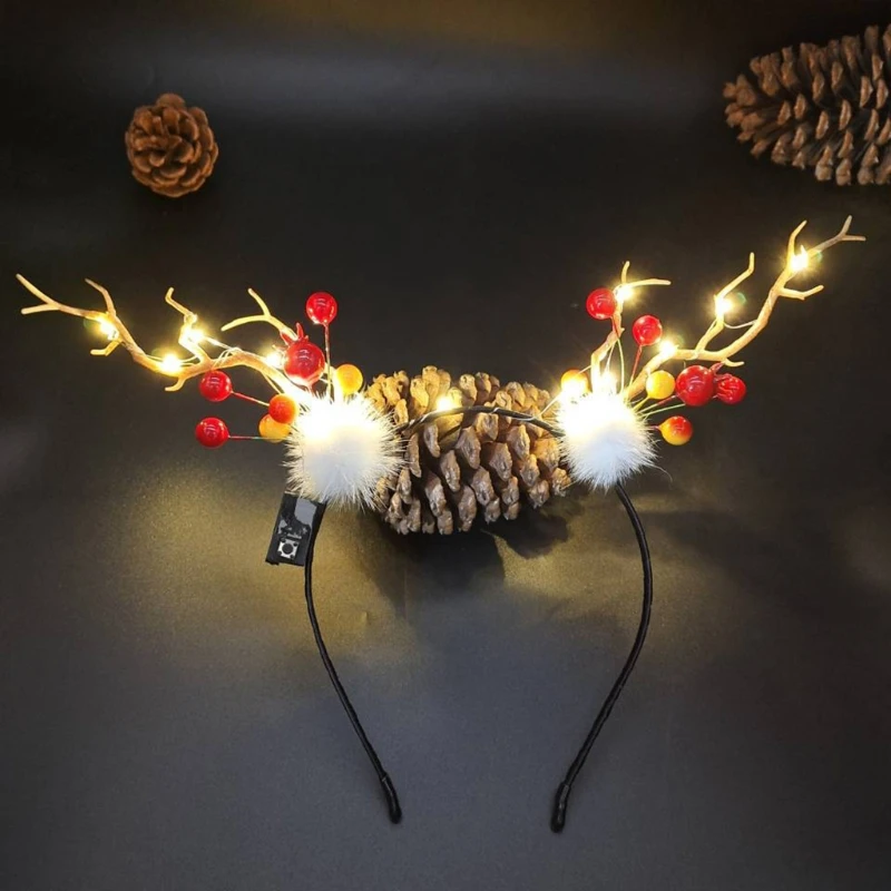 Повязка на голову с цветами оленями оленьими рогами и светодиодными лампочками| |
