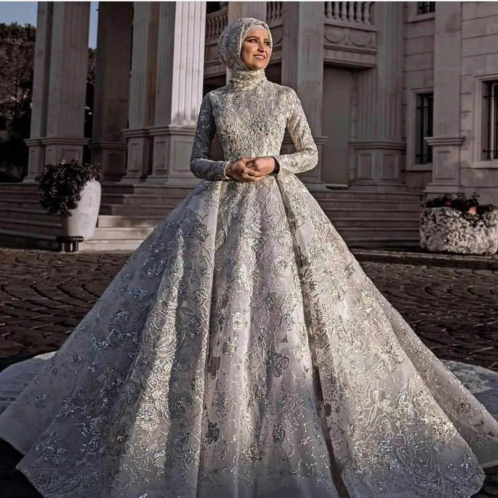 Luxury Muslim Wedding Dresses Floral Appliqued A Line Jewel Neck Country Dress Custom Made Sweep Train Vestidos De Novia | Свадьбы и