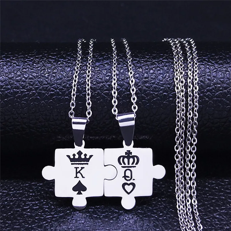 

2pcs Puzzle King Queen Stainless Steel Couple Necklaces Women/Men Black Color Chain Necklaces Jewelry Valentine's Day Gift N1826