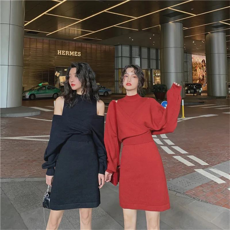 

Mazefeng 2020 New Autumn Winter Woman Sets Two Piece Set Pullovers Dresses Knitting Minimalist Casual Style Elegant One Size