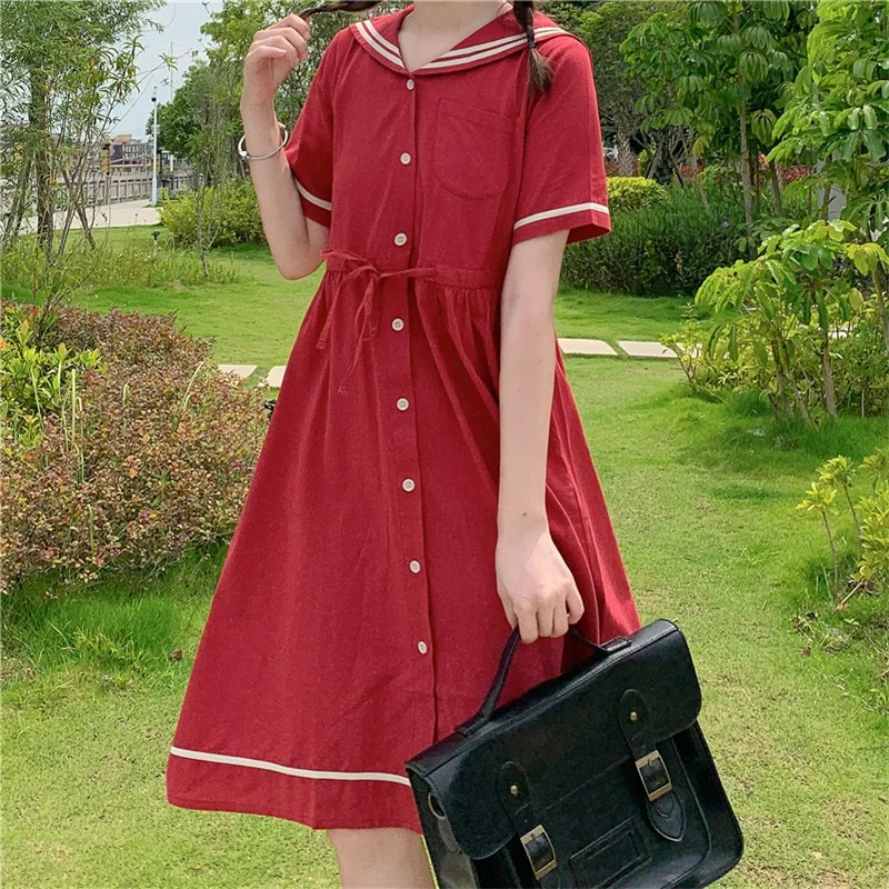 

Sweet Elegant Red Women Preppy Style Princess Dresses 2021 Summer Soft Girly Bow A-Line Sailor Collar Ruffles Button Lady Dress