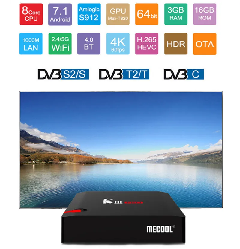 

MECOOL KIII PRO Amlogic S912 DVB-S2 DVB-T2 DVB-C Decoder Android TV Box 3GB 16GB Octa Core 64bit 4K 2.4G/5G Wifi Set Top Box