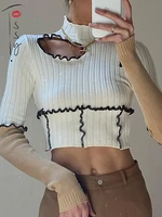 tossy ribbed hollow out cropped top women casual long sleeve patchwork t shirt slim fit tees y2k e girl tops streetwear 2022 new