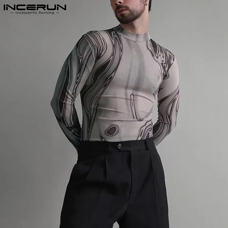 

INCERUN Stylish New Men's Tees Soft Thin Tops 2021 Printed T-Shirt Long Sleeved O-neck Fashionable Skinny Casual T-Shirts S-5XL