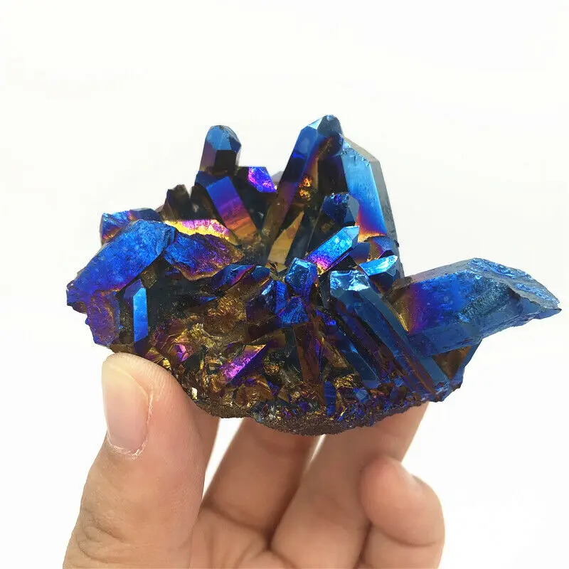 Синий аура кристалл кварца кластер Радуга Титана камни лечебные украшения