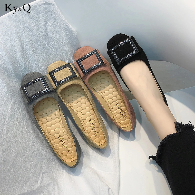 

2020 Autumn New Women's Single Shoes Fashion Shallow Mouth Peas Shoes Wild Suede Metal Square Buckle Flat Casual Loafers Shoes