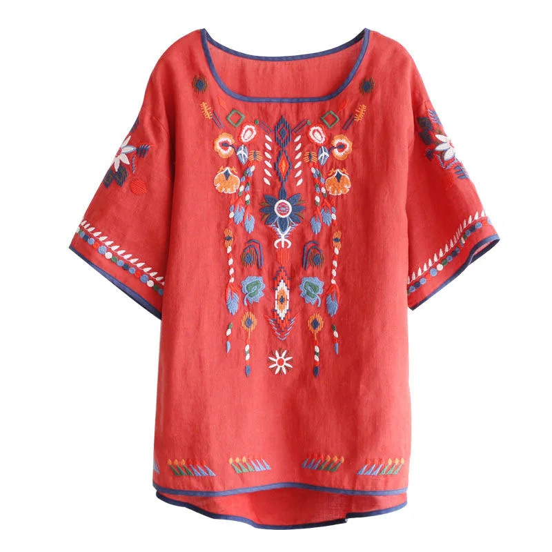 

Summer Blouse Women Floral Embroidery Shirt Vintage O-neck Short Sleeve Blusas Casual Cotton Linen Tops blusas rojas mujer 2021