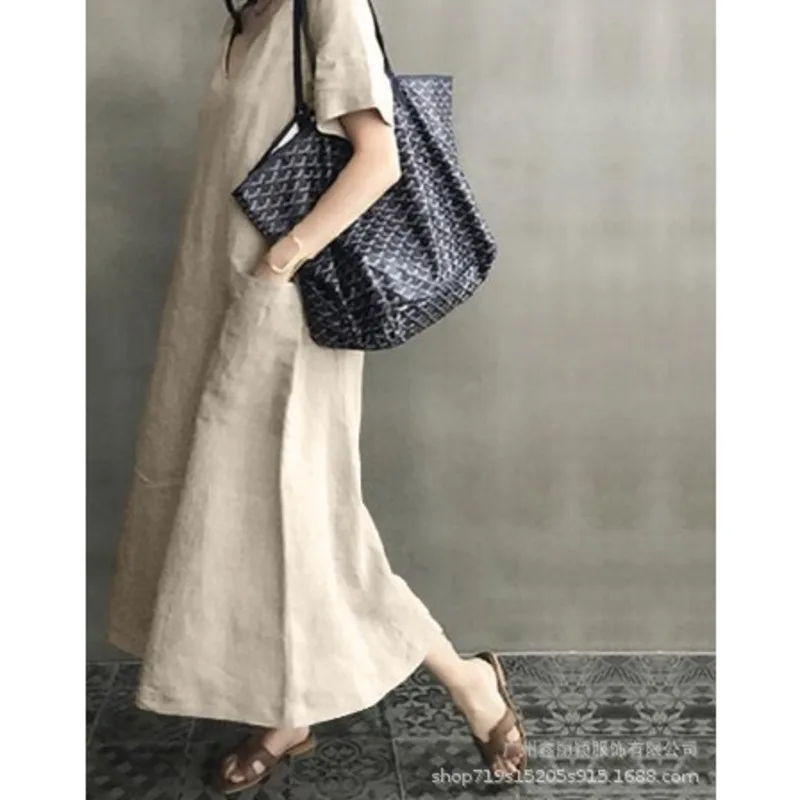 Однотонные свободные миди платье для женщин из хлопка с v-образным вырезом