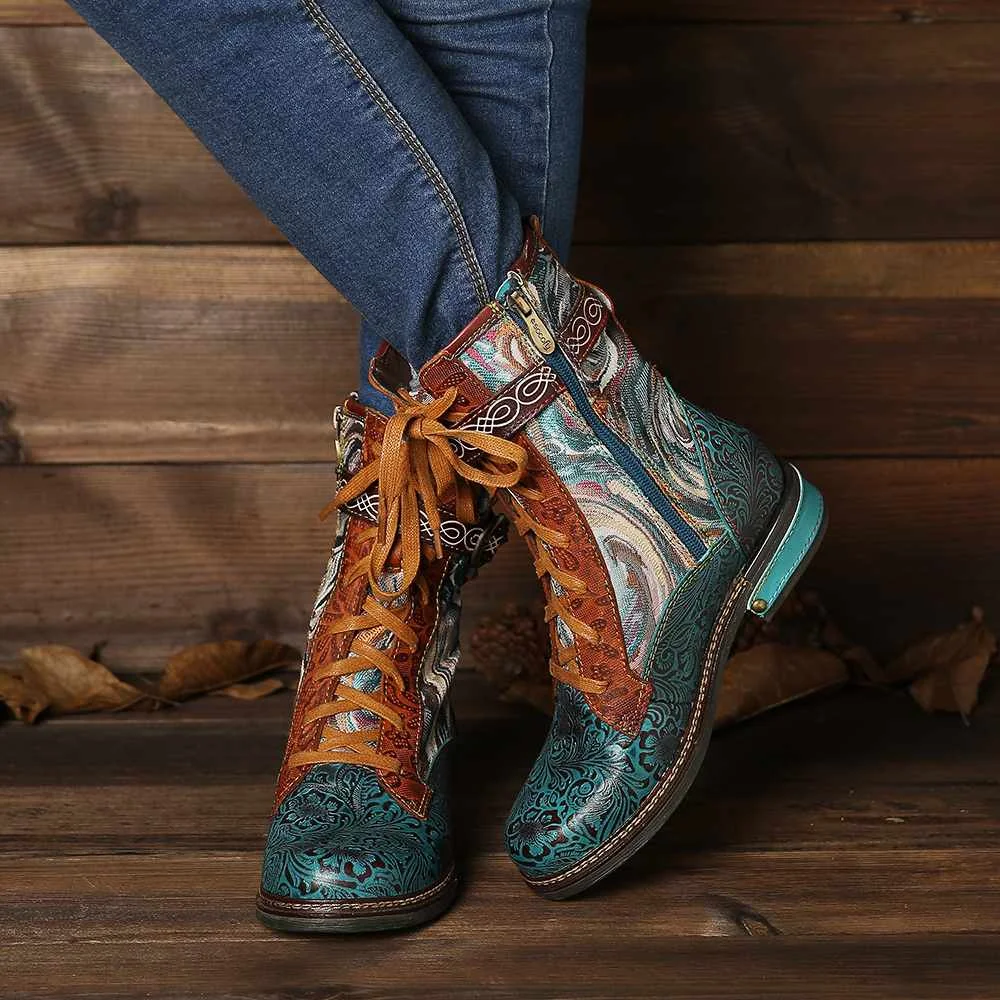 SOCOFY Botas Mujer Embossed Genuine Leather Splicing Fancy Pattern Lace Up Zipper Flat Short Boots Ladies Shoes Women Winter | Обувь