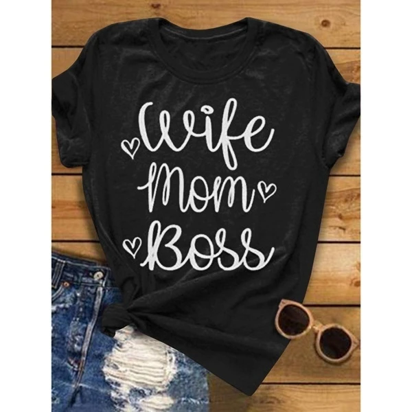 New Arrivel Women Fashion Short Sleeve Tshirt Letter Print Wife Mom Boss Cute Summer Tops mother days gift tee quote tops- L045 | Женская