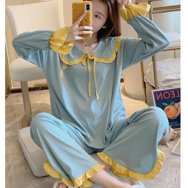 Пижамный комплект с длинным рукавом Женский вязаный хлопковый костюм из двух