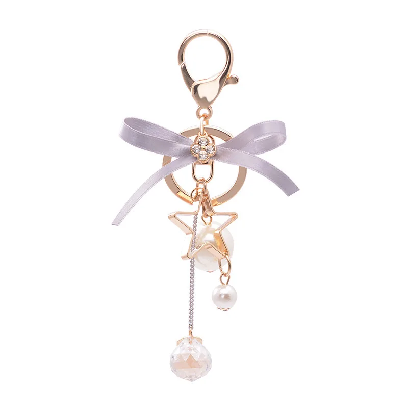 

Fashion Bow-Knot Imitation Pearl Crystal Chain Five-Pointed Star Keychain Car Bag Charm Accessories Women Girl Keyring Gift