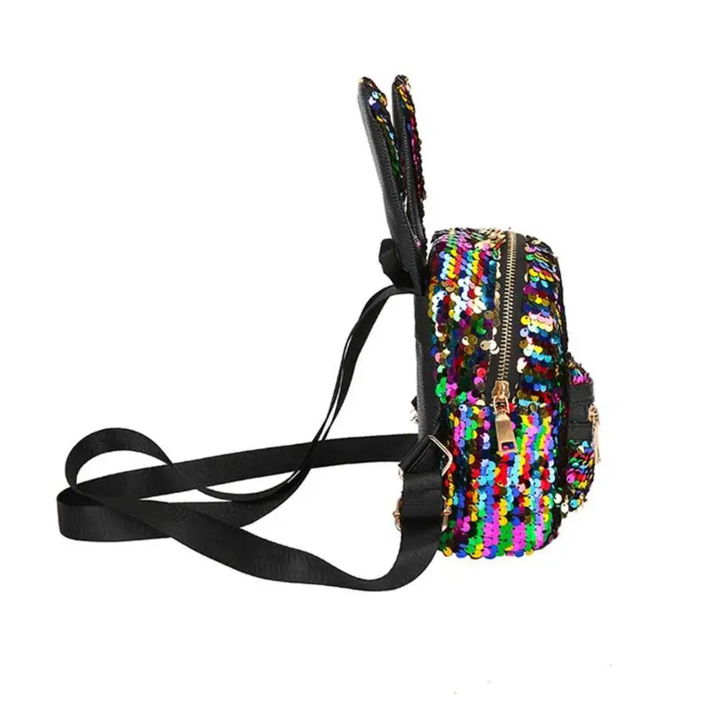New Fashion Mini Shining Sequins School Backpack Women Rabbit Ears Rucksack Cartoon Label Purse Zipper Shoulder with Small Bag