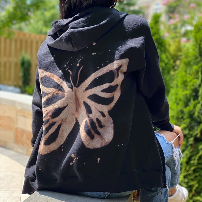 

90s Vintage Butterfly Zip Up Jacket Coat Y2K Fairy Grunge Autumn Winter Long Sleeve Oversized Hoodies Women Sweatshirt Outwear