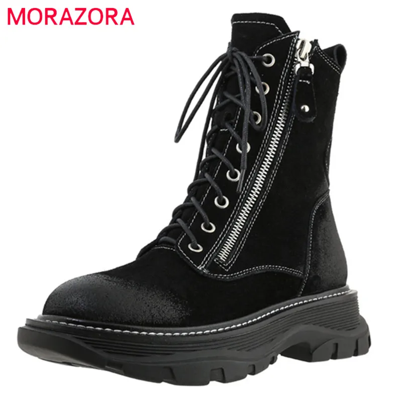 

MORAZORA 2021 New Arrive Ankle Boots For Women Genuine Leather Shoes Zip Cross Tied Flat Shoes Fashion Casual Women Boots Black