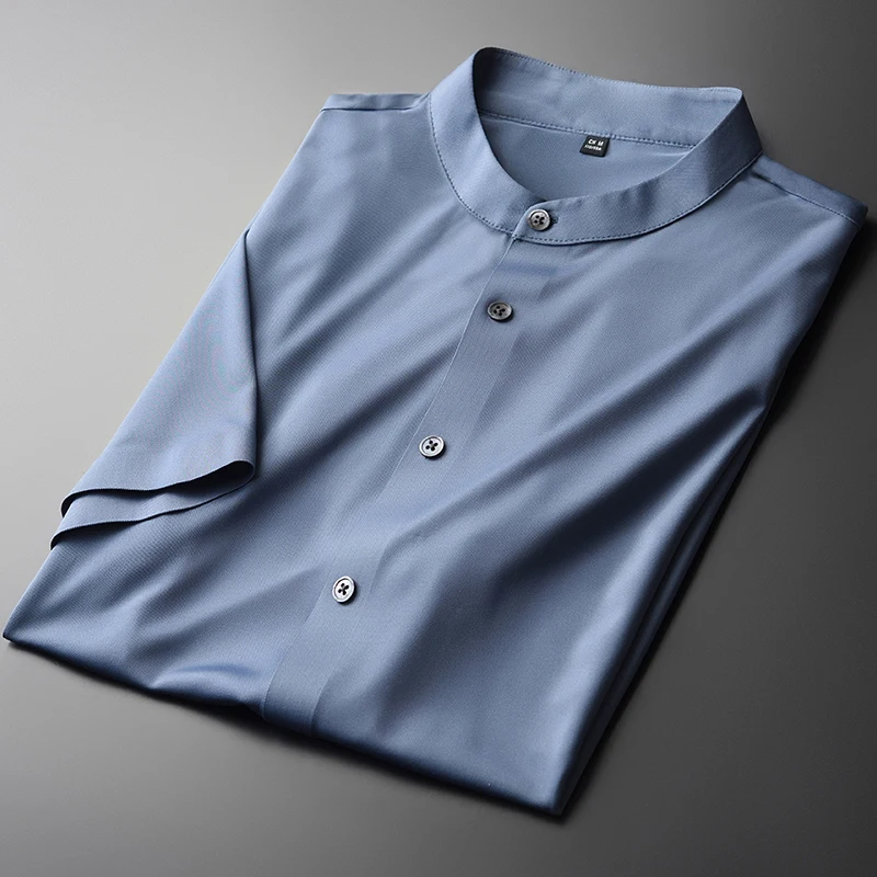 

Collar Luxury Stand Solid Color Short Sleeve Mens Dress Summer Pique Fabric Slim Fit Male Shirts 4xl
