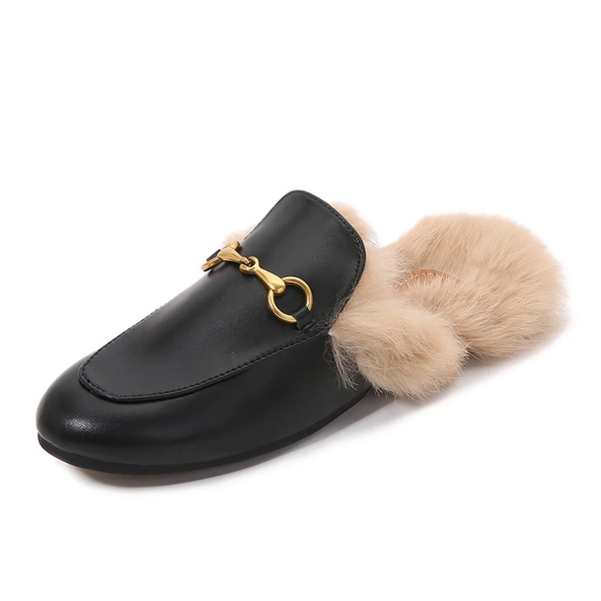 

Autumn Winter Women's Slippers Flat Round Toe Classic Horsebit Buckle Fluffy Rabbit Fur Lazy Shoes Fashion Women Mules