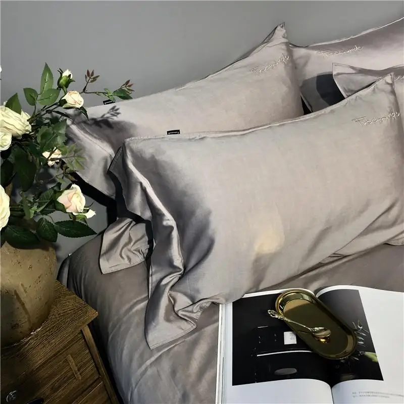 Серый серебристый тенсел шелка мягкие постельные принадлежности набор Queen King size