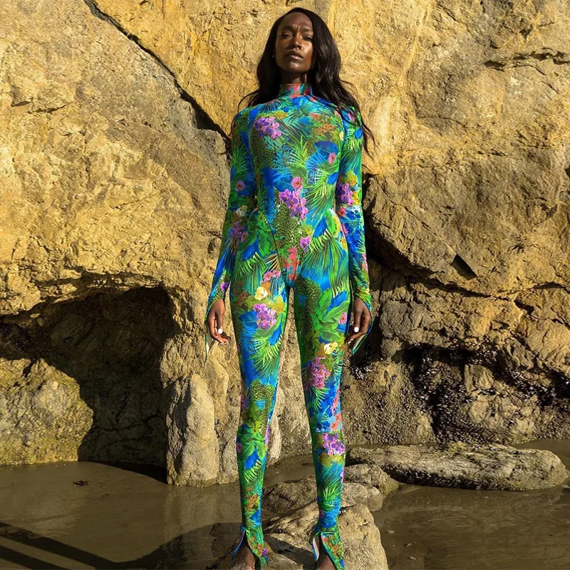 

Zoctuo Long Sleeve 2 Pieces Set Turtleneck Floral Print Women'S Set Outfits Skinny Bodysuit Leggings Pants Suit Autumn Tracksuit