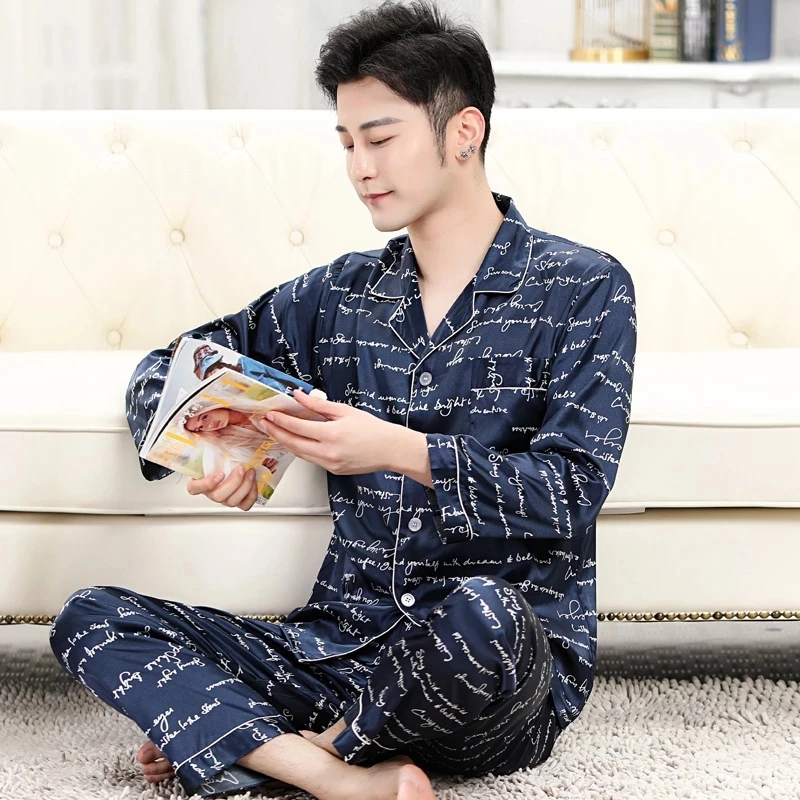 Spring Mens Stain Silk Pajama Set Pajamas Men Sleepwear Modern Style Silk Nightgown Home Male Satin Soft Cozy For Sleeping