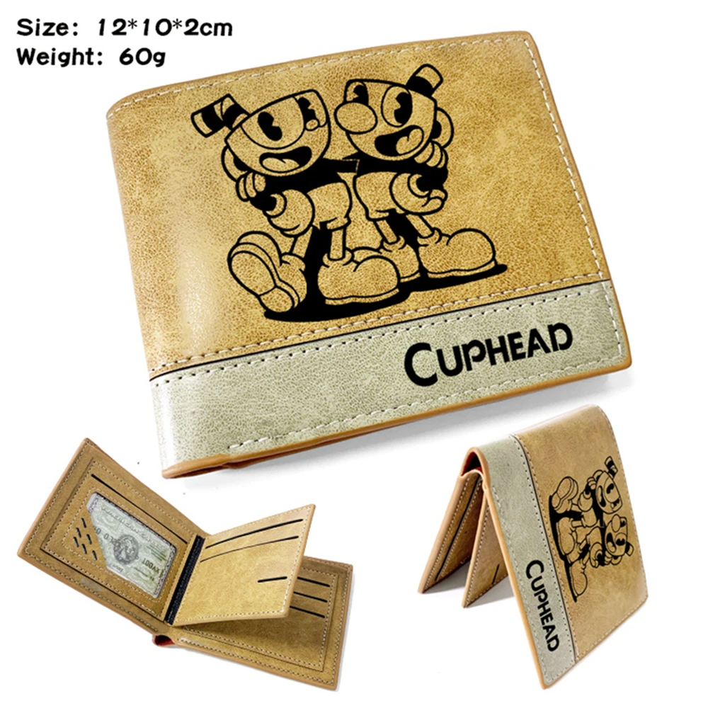 

Game Cuphead Khaki PU Wallet Men's Short Hot Teenager Casual Bifold Purse Leather Note Compartment Photo Credit Cards Holder