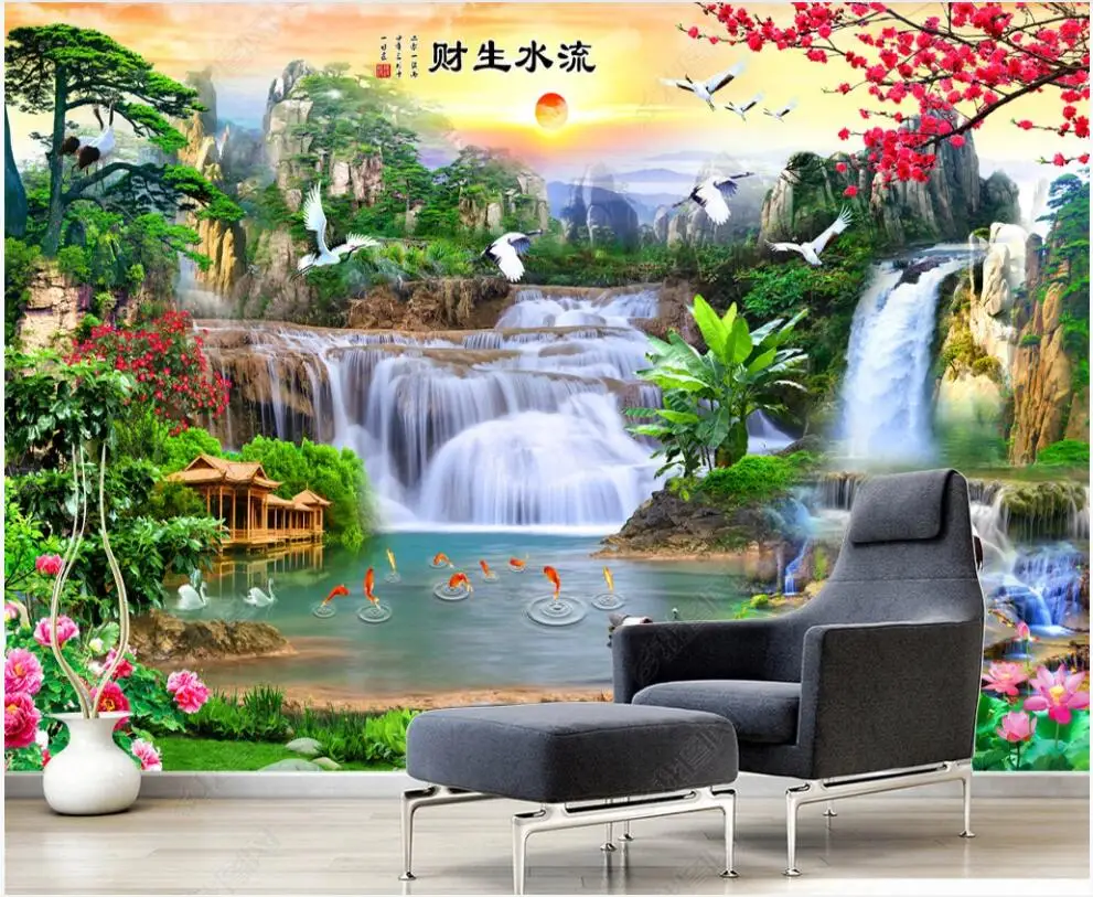 

custom mural Photo wallpaper Chinese style mountain waterfall natural scenery home decor 3d wallpaper for the bedroom wall