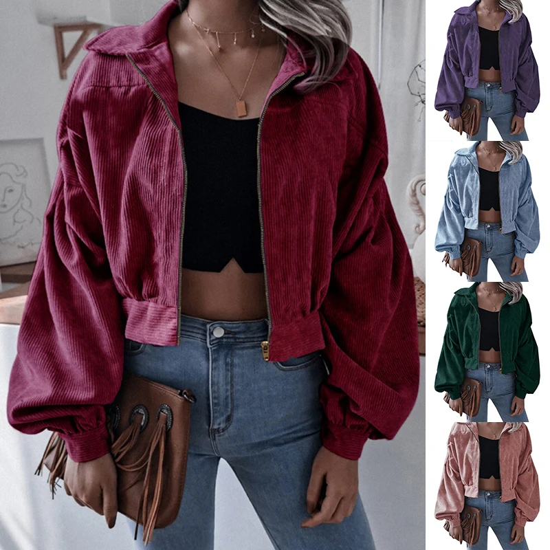 

Fashion Women Corduroy Lantern Long Sleeves Lapel BF Style Jacket Fall Winter Elegant Solid Color New Loose Casual Short Jacket