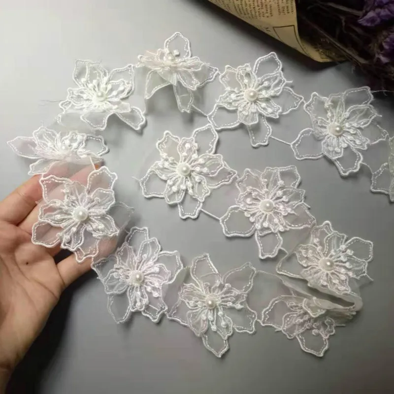 

1 yards White 8cm Pearl Flower Embroidered Lace Trim Ribbon Floral Applique Fabric Patches DIY Wedding Dress Sewing Craft