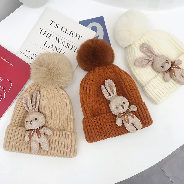 Cartoon Cute Bunny Doll Wool Hat Women new Style Fashion Retro Fur Ball Knitted Hat Autumn and Winter Warm Hat