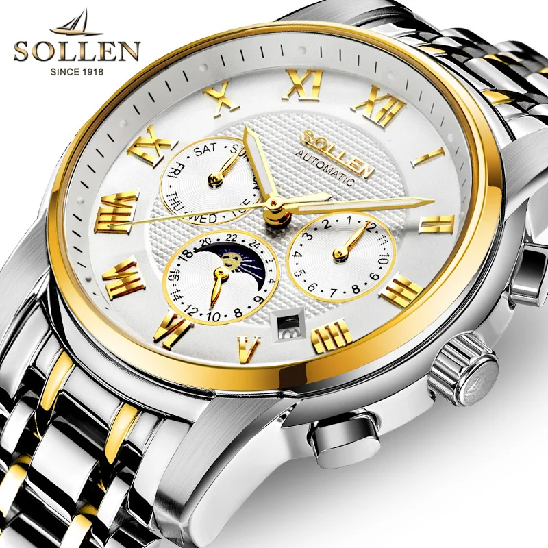 

Switzerland SOLLEN Luxury Brand Men's Automatic Mechanical Watches Multi-function Luminous Moon Phase Sapphire Clock SL802