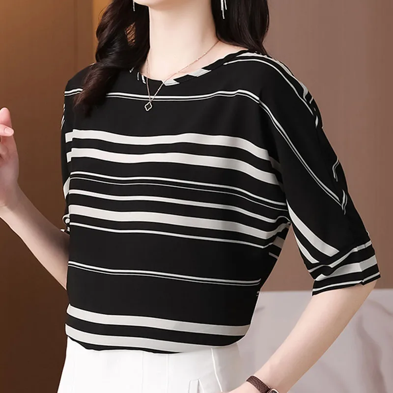 Женская шифоновая рубашка летний топ в полоску с коротким рукавом модная женская