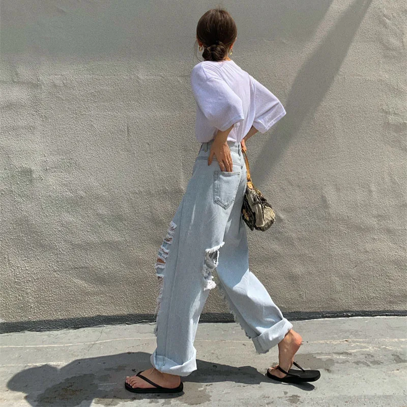 

High Waist Ripped Jeans Women Hollow Out Hip Hop Jeans Female Trousers Streetwear Straight Pants Women Clothing